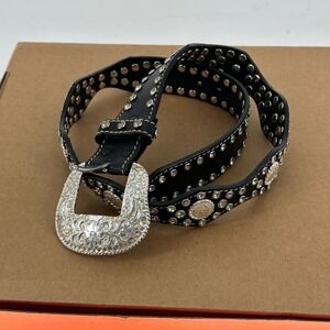 Nocona Black Leather Studded Rhinestone Bling Western Leather Buckle Belt M